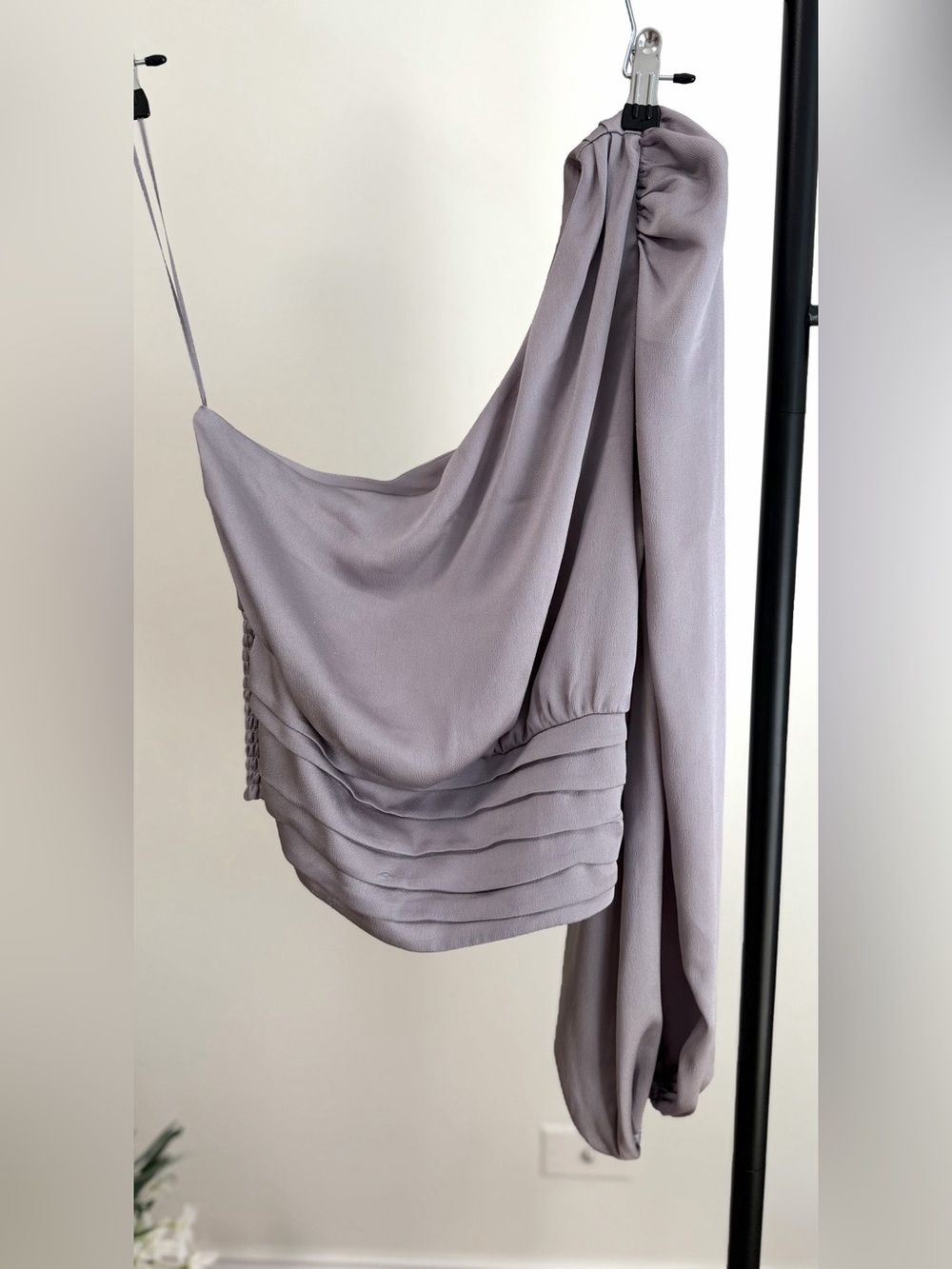 Express Silver Gray One Shoulder Ruched Smocked Crop Top Long Sleeve S
